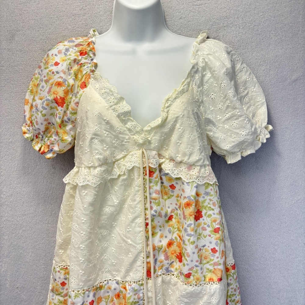 Milkmaid Floral Patchwork Sundress Womens Medium Smocked Puff Sleeve Cottagecore - Picture 3 of 11